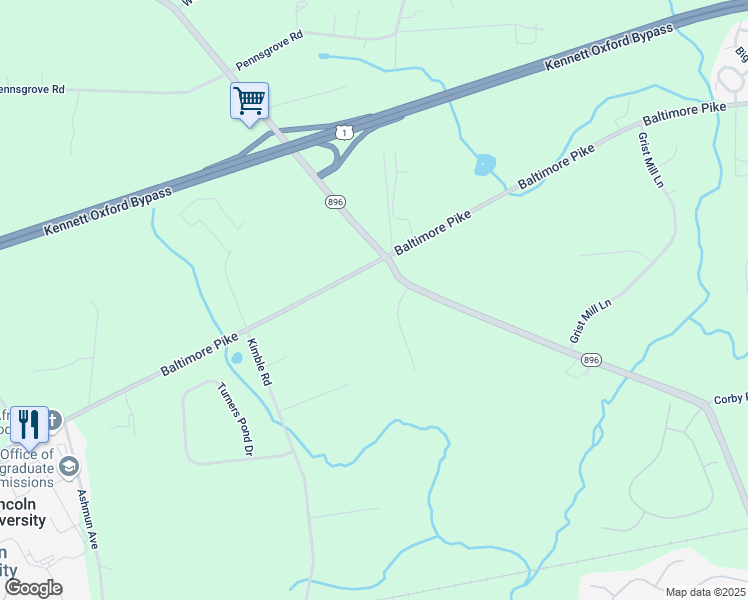 map of restaurants, bars, coffee shops, grocery stores, and more near 1305 Baltimore Pike in West Grove