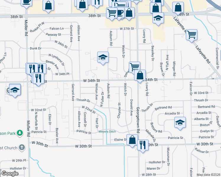 map of restaurants, bars, coffee shops, grocery stores, and more near 4954 West Deborah Street in Indianapolis