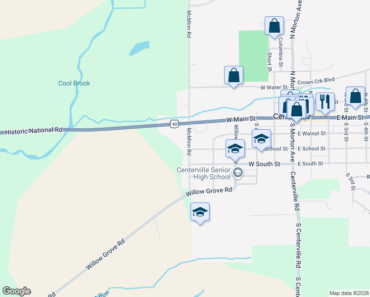 map of restaurants, bars, coffee shops, grocery stores, and more near 512 West School Street in Centerville