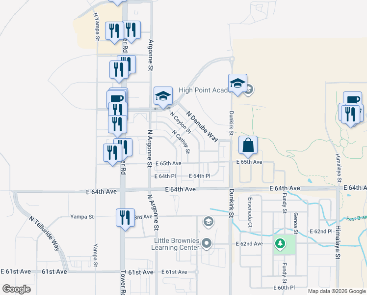 map of restaurants, bars, coffee shops, grocery stores, and more near 18904 East 66th Avenue in Denver