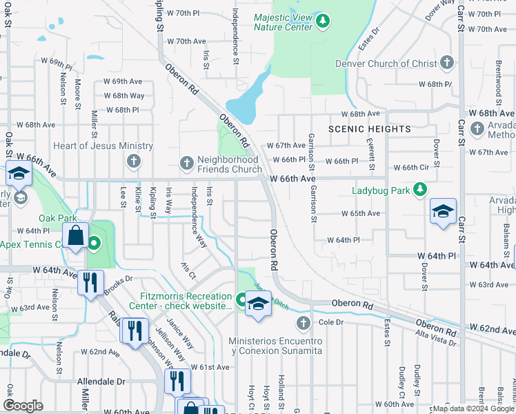 map of restaurants, bars, coffee shops, grocery stores, and more near 9461 West 65th Avenue in Arvada