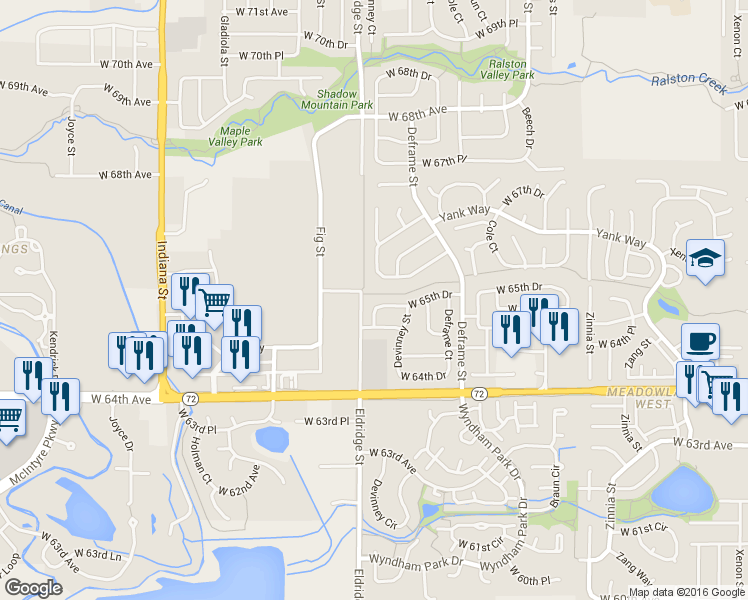 map of restaurants, bars, coffee shops, grocery stores, and more near 6551 Devinney Court in Arvada