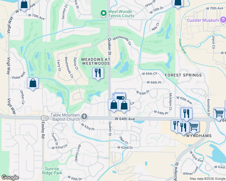 map of restaurants, bars, coffee shops, grocery stores, and more near 6599 Poppy Street in Arvada