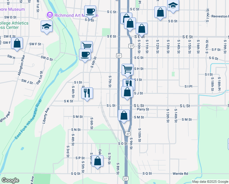 map of restaurants, bars, coffee shops, grocery stores, and more near 702 South J Street in Richmond
