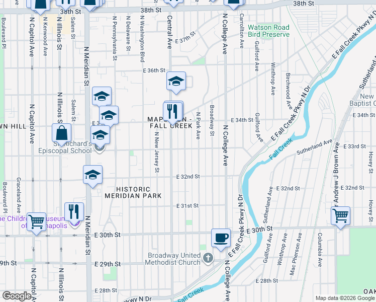 map of restaurants, bars, coffee shops, grocery stores, and more near 530 East 33rd Street in Indianapolis