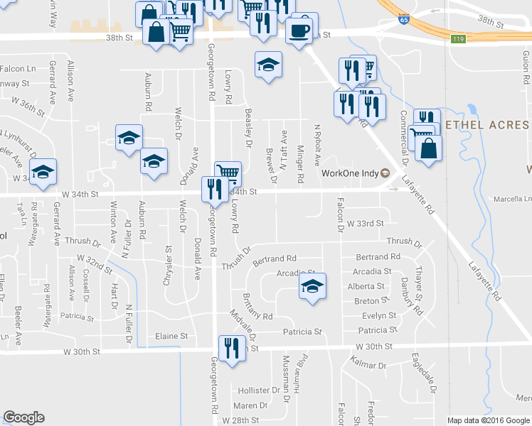 map of restaurants, bars, coffee shops, grocery stores, and more near 3320 Brewer Drive in Indianapolis