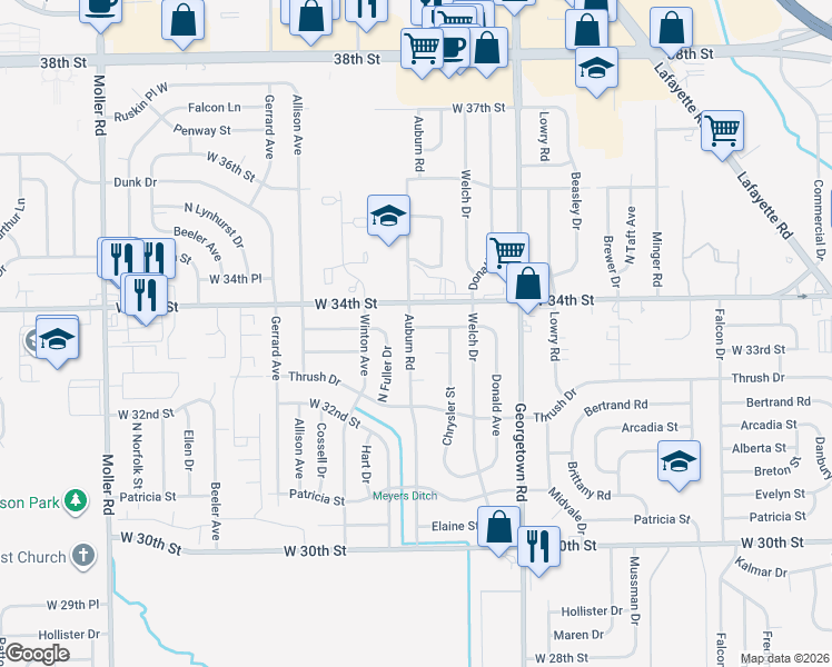 map of restaurants, bars, coffee shops, grocery stores, and more near 4954 West Deborah Street in Indianapolis