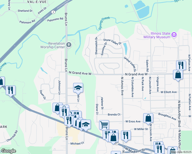 map of restaurants, bars, coffee shops, grocery stores, and more near 1709 North Grand Avenue West in Springfield
