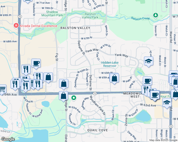 map of restaurants, bars, coffee shops, grocery stores, and more near 13813 West 65th Drive in Arvada