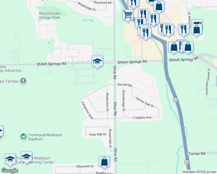 map of restaurants, bars, coffee shops, grocery stores, and more near 1132 Warburton Drive in Dayton