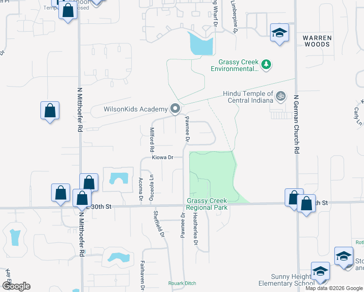 map of restaurants, bars, coffee shops, grocery stores, and more near 3218 Pawnee Drive in Indianapolis