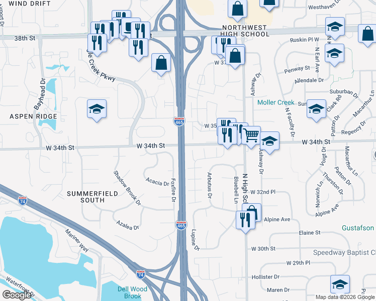 map of restaurants, bars, coffee shops, grocery stores, and more near 6530 Lupine Terrace in Indianapolis