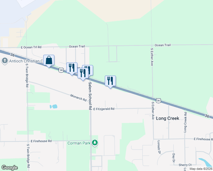 map of restaurants, bars, coffee shops, grocery stores, and more near 6000-6360 U.S. 36 in Long Creek