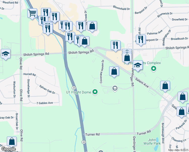 map of restaurants, bars, coffee shops, grocery stores, and more near 4951 Covenant House Drive in Trotwood