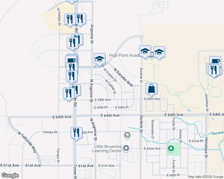 map of restaurants, bars, coffee shops, grocery stores, and more near 18904 East 66th Avenue in Denver