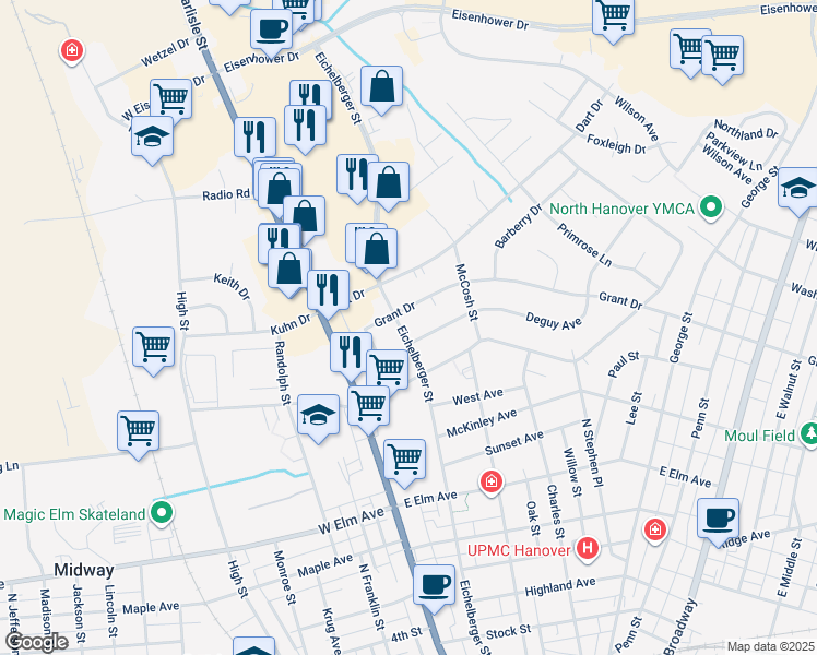 map of restaurants, bars, coffee shops, grocery stores, and more near 915 Eichelberger Street in Hanover