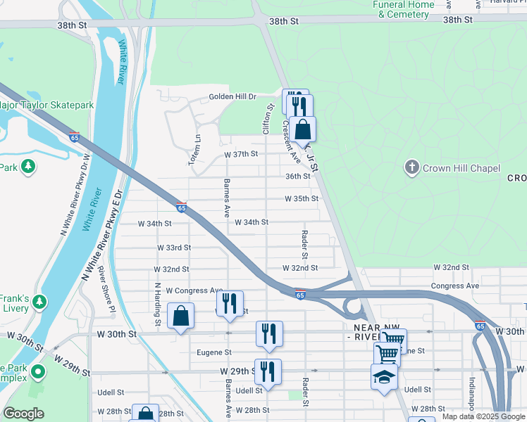 map of restaurants, bars, coffee shops, grocery stores, and more near 1109 West 35th Street in Indianapolis
