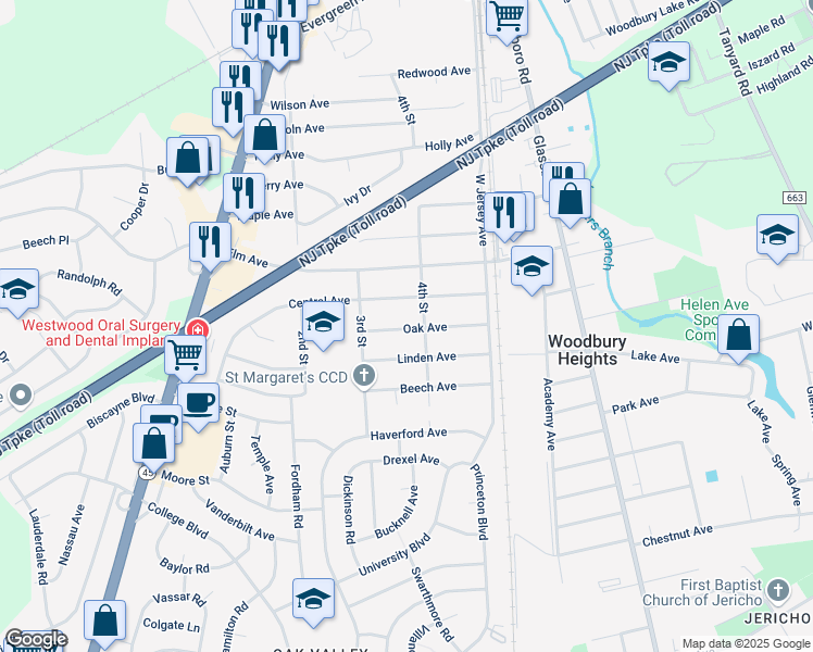 map of restaurants, bars, coffee shops, grocery stores, and more near 325 Oak Avenue in Woodbury Heights