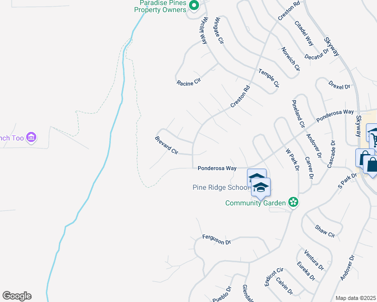 map of restaurants, bars, coffee shops, grocery stores, and more near 13925 Creston Road in Magalia