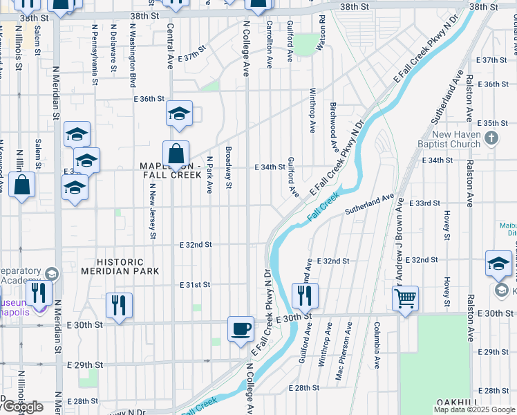 map of restaurants, bars, coffee shops, grocery stores, and more near 3310 North College Avenue in Indianapolis