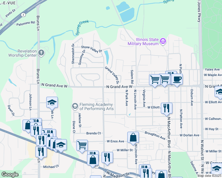 map of restaurants, bars, coffee shops, grocery stores, and more near 1406 North Grand Avenue West in Springfield