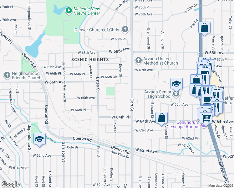 map of restaurants, bars, coffee shops, grocery stores, and more near 6560 Dover Street in Arvada