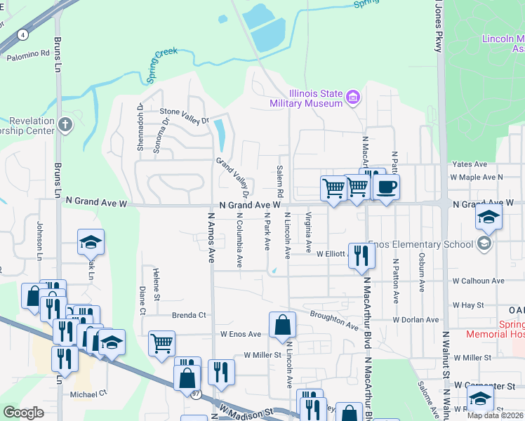 map of restaurants, bars, coffee shops, grocery stores, and more near 1300 North Grand Avenue West in Springfield