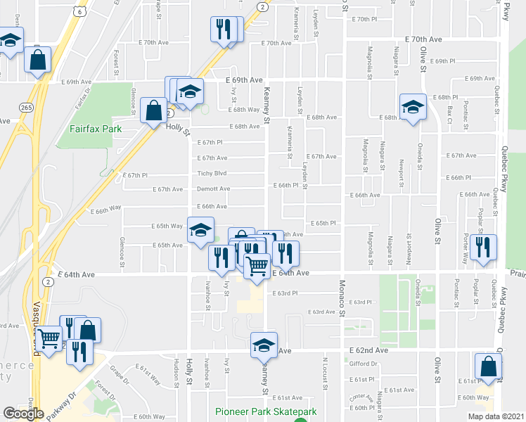 map of restaurants, bars, coffee shops, grocery stores, and more near 6060 East 66th Avenue in Commerce City