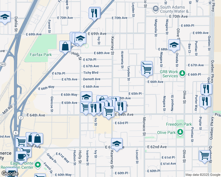 map of restaurants, bars, coffee shops, grocery stores, and more near 6060 East 66th Avenue in Commerce City