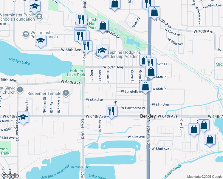map of restaurants, bars, coffee shops, grocery stores, and more near 6575 Irving Street in Denver
