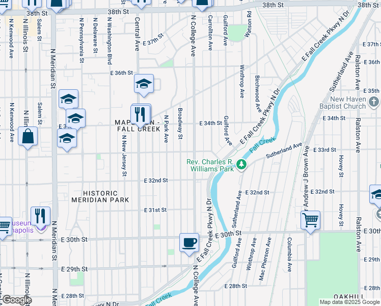 map of restaurants, bars, coffee shops, grocery stores, and more near 3310 North College Avenue in Indianapolis