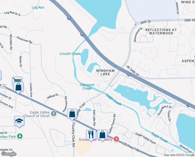 map of restaurants, bars, coffee shops, grocery stores, and more near 3410 Windham Lake Court in Indianapolis