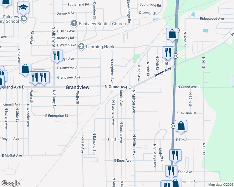 map of restaurants, bars, coffee shops, grocery stores, and more near 1237-1299 Daniel Ave in Springfield