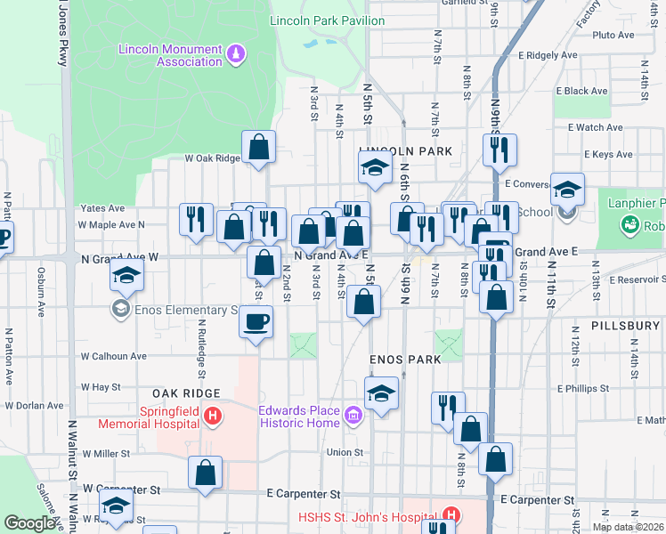 map of restaurants, bars, coffee shops, grocery stores, and more near 409 North Grand Avenue East in Springfield
