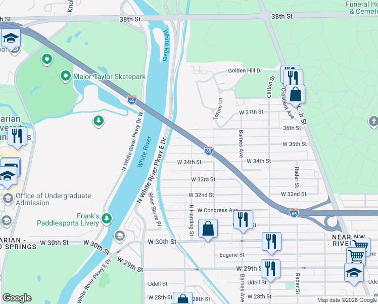 map of restaurants, bars, coffee shops, grocery stores, and more near 1353 West 35th Street in Indianapolis