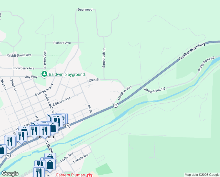 map of restaurants, bars, coffee shops, grocery stores, and more near 830 Ellen Street in Portola