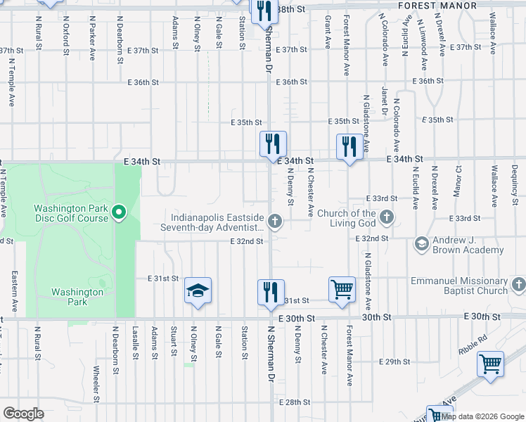 map of restaurants, bars, coffee shops, grocery stores, and more near 3320 North Sherman Drive in Indianapolis