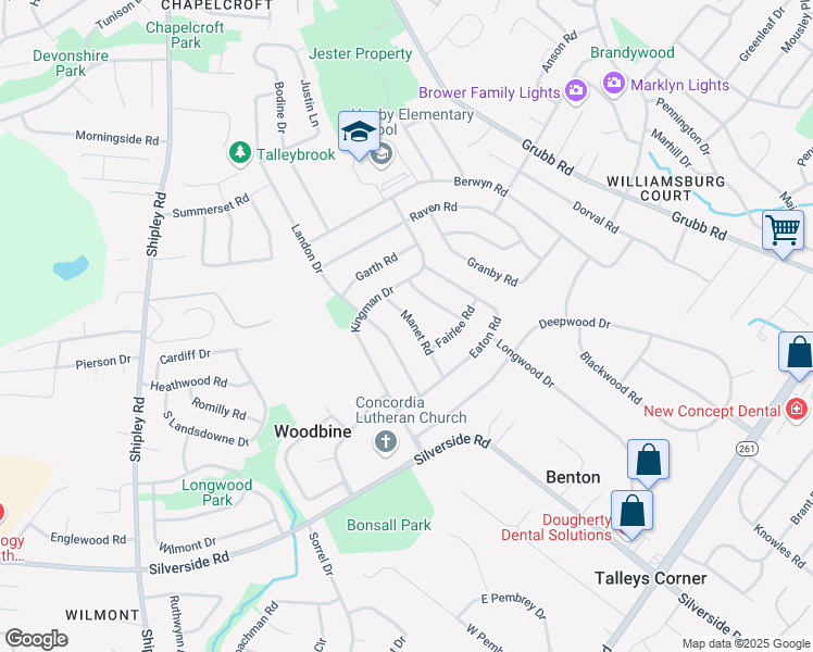 map of restaurants, bars, coffee shops, grocery stores, and more near 2412 Manet Road in Wilmington