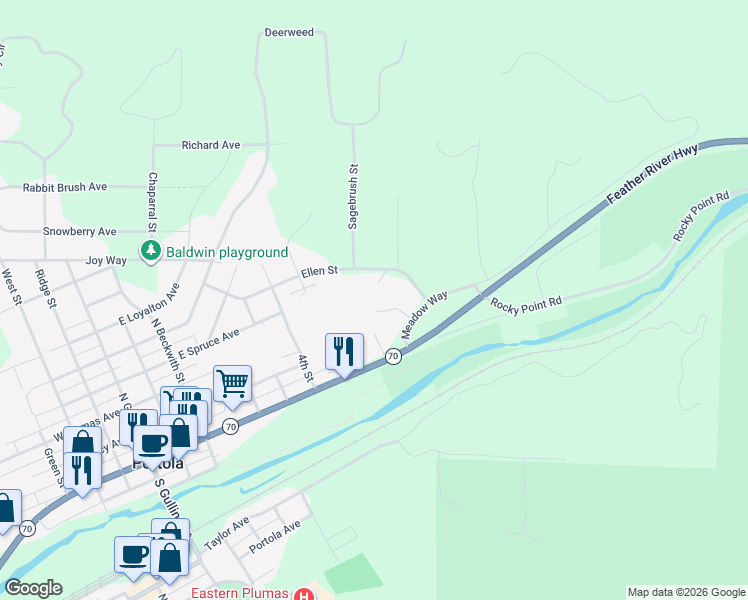 map of restaurants, bars, coffee shops, grocery stores, and more near 830 Ellen Street in Portola