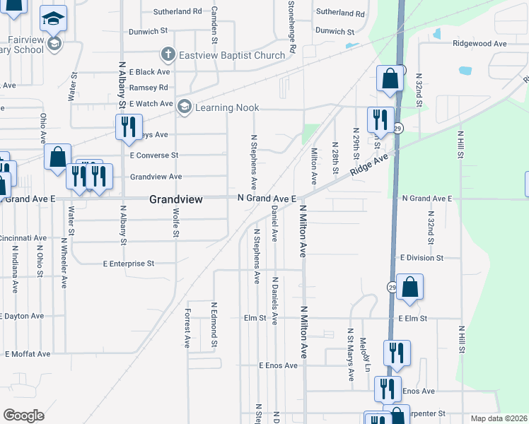 map of restaurants, bars, coffee shops, grocery stores, and more near 1237-1299 Daniel Ave in Springfield