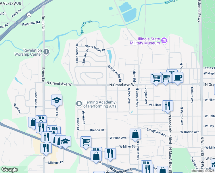 map of restaurants, bars, coffee shops, grocery stores, and more near 1450 North Grand Avenue West in Springfield