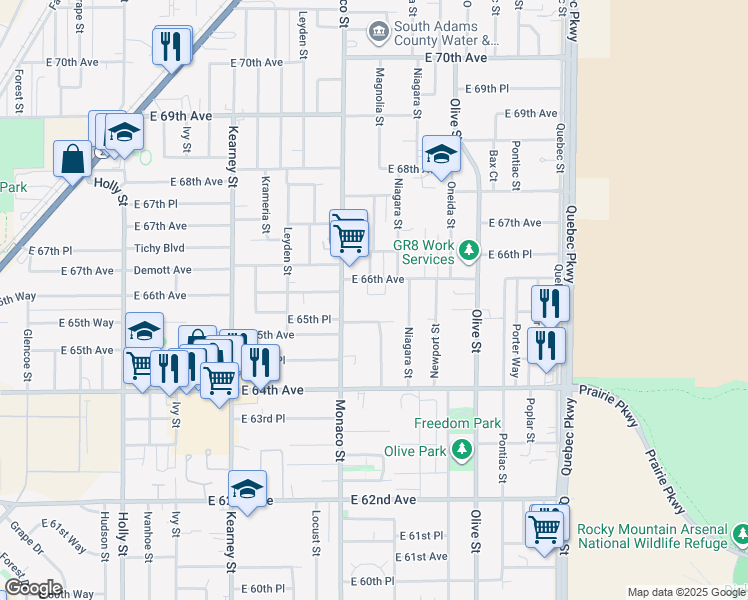 map of restaurants, bars, coffee shops, grocery stores, and more near 6620 Doris Court in Commerce City