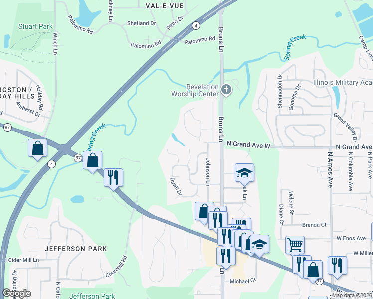 map of restaurants, bars, coffee shops, grocery stores, and more near 111 Windsor Road in Springfield