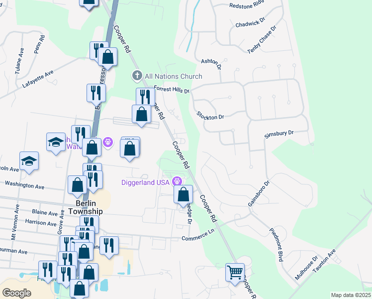 map of restaurants, bars, coffee shops, grocery stores, and more near 159 Cooper Road in West Berlin