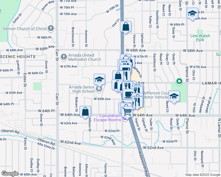 map of restaurants, bars, coffee shops, grocery stores, and more near 6555 Schneider Way in Arvada