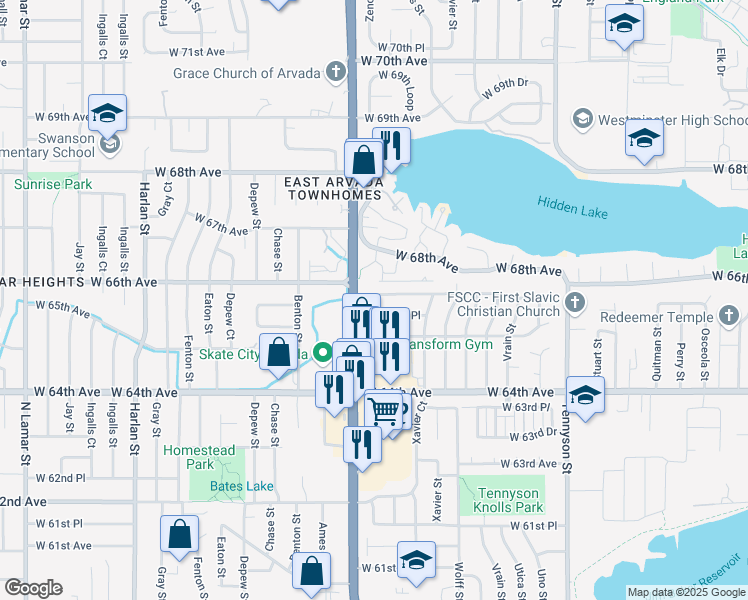 map of restaurants, bars, coffee shops, grocery stores, and more near 5080 West 66th Avenue in Arvada