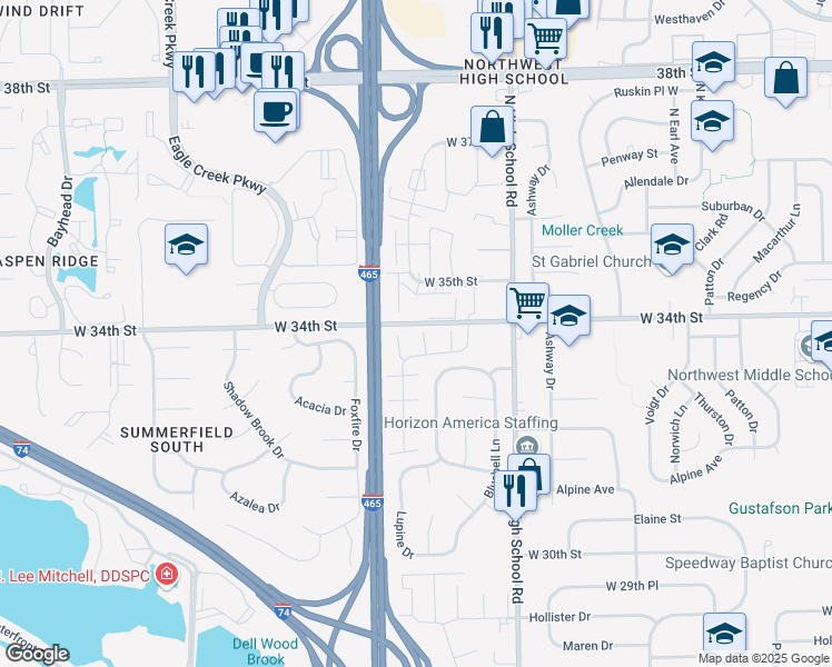 map of restaurants, bars, coffee shops, grocery stores, and more near 6476 Lupine Terrace in Indianapolis