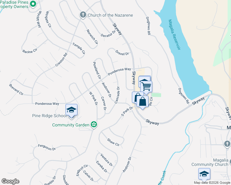 map of restaurants, bars, coffee shops, grocery stores, and more near 13945 Cascade Drive in Magalia