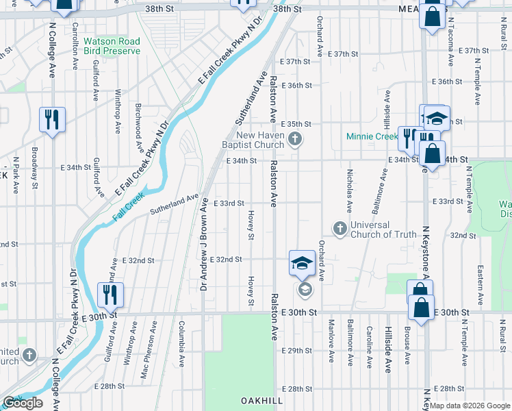 map of restaurants, bars, coffee shops, grocery stores, and more near 3292 Hovey Street in Indianapolis