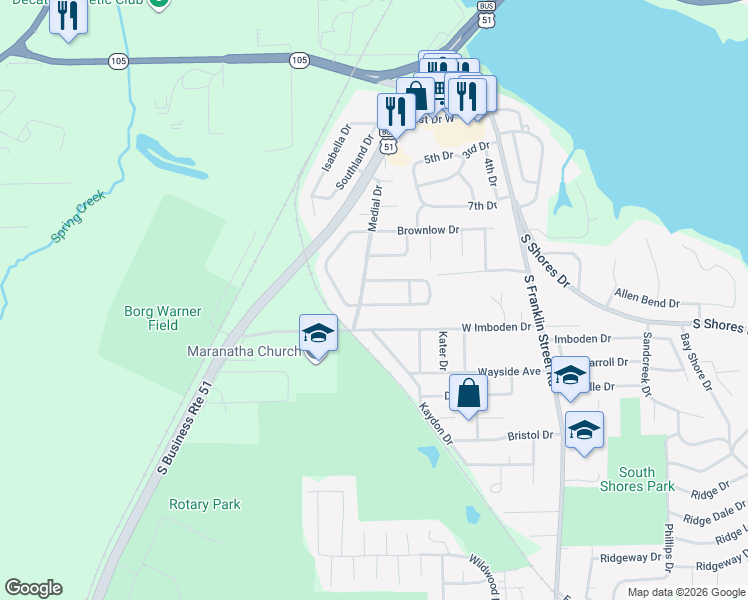 map of restaurants, bars, coffee shops, grocery stores, and more near 93 Meadow Terrace Place in Decatur